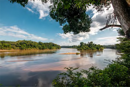 Paisagem serena da Estação Pedra Mole, com um rio calmo cercado por vegetação verde e céu azul parcialmente nublado.